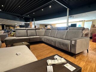 Mega hoekbank met open eiland, neksteunen, blauwgrijs
